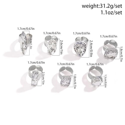 Chunky 7Pcs Silver Crystal Knuckle Rings Set Geometric Rhinestone Waterdrop Open Rings Stackable CZ Circle Square Finger Rings Jewelry Set for Women - color: 7Pcs Crystal