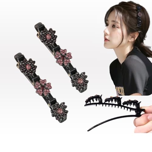2Pcs 2026 New Sparkling Crystal Stone Braided Hair Clips, Hair Clip for Short and Long Hair, Short Duckbill Hair Clips for Thick and Fine Hair for Women and Girls(Pink)