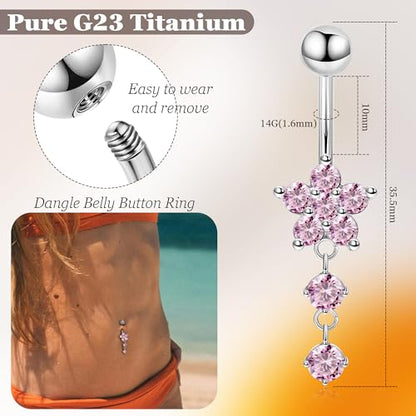 14G G23 Titanium Dangle Belly Button Ring for Women Flower CZ Dangling Belly Rings Cute Dainty Dangly Navel Ring Belly Piercing Jewelry - color: Pink