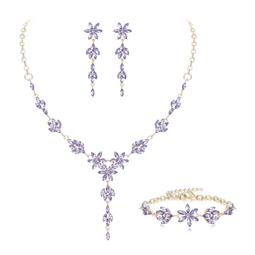EVER FAITH Crystal Flower Wedding Prom Jewelry Set for Bride Bridesmaid | Rhinestone Costume Party Y-Shaped Necklace Dangle Earrings Bracelet, for Women - color: Light Purple Gold-Tone