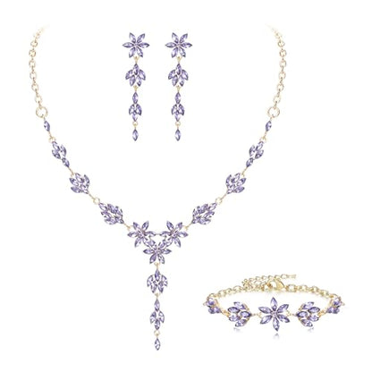 EVER FAITH Crystal Flower Wedding Prom Jewelry Set for Bride Bridesmaid | Rhinestone Costume Party Y-Shaped Necklace Dangle Earrings Bracelet, for Women - color: Light Purple Gold-Tone