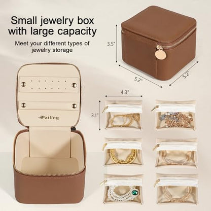 Travel Jewelry Case Organizer - Compact PU Leather Jewelry Box with 6 Small Portable Velvet Jewelry Pouches&2 Inner Lid Slots for Rings Earrings Necklaces Bracelets,Ideal Gift for Women Girls (Brown)