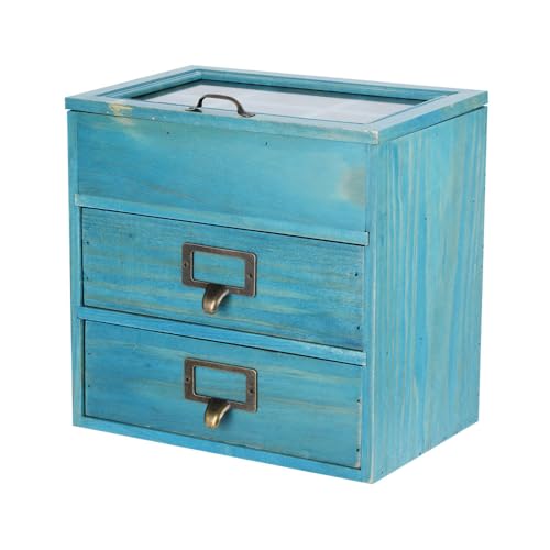 Small Wooden Drawers Wooden Box with Drawer Blue | 2 Drawer Storage Box for Apothecary Cabinet, Apothecary Drawers，Desktop Organizer with Metal Handles for Office，Home - color: BLUE-GLASS02
