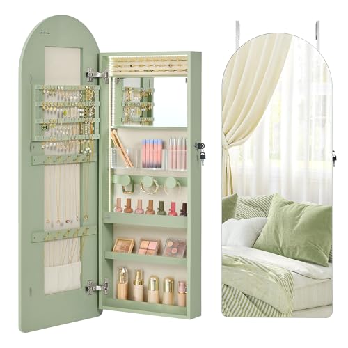 SONGMICS Wide Jewelry Organizer, LED Jewelry Cabinet Wall/Door Mounted, Arched Mirror with Storage, Lockable, Rounded Corner, Interior Mirror, 3.9 x 16.5 x 42.5 Inches, Laurel Green UJJC020C01S - color: Laurel Green, size: 42.5"H, style: Arched Mirror
