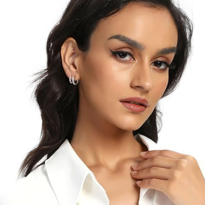 White Gold Earrings for Women Men Hoop and Stud Earring Set | Hypoallergenic 14K White Gold Plated Hoops Huggie Stud Earrings Set Round Cubic Zirconia Ear Jewelry - style: A6-White Gold-Hoop&Square Dangle Stud (4 Pairs)