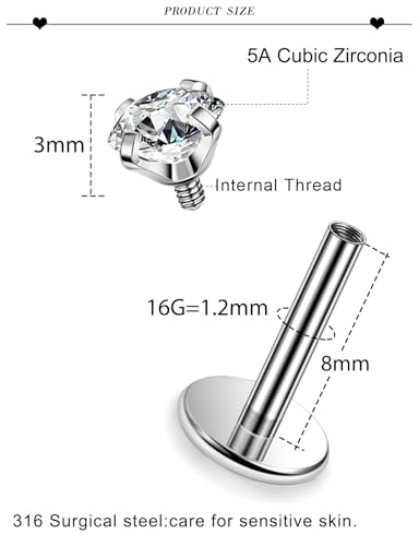 16G ASTM F136 Titanium Surgical Steel Internal Thread Flat Back Studs Earrings Lip Rings Labret Medusa Helix Tragus Cartilage Earring stud Piercing Jewelry for Women Men Silver Black Gold - style: 16g/3mm Clear cz/Silver 8mm