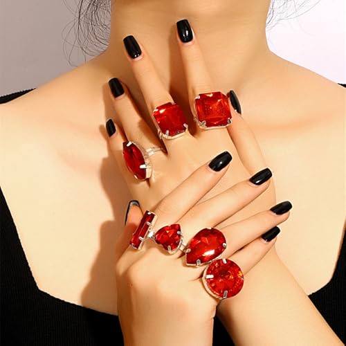 Chunky 7Pcs Silver Crystal Knuckle Rings Set Geometric Rhinestone Waterdrop Open Rings Stackable CZ Circle Square Finger Rings Jewelry Set for Women - color: Red