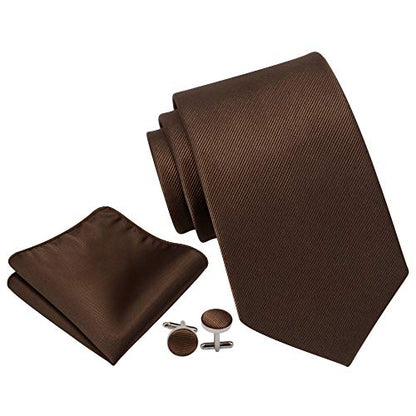 GUSLESON 3.15"（8cm） Solid Color Necktie and Pocket Square Cufflinks Sets For Men + Gift Box - color: Dark Brown