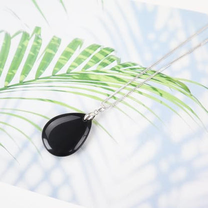 iSTONE 925 Sterling Silver Natural Crytral for Womens Pendant Necklace, Gemstone Birthstone with 17.8" Silver Chain Ladies - color: Obsidian