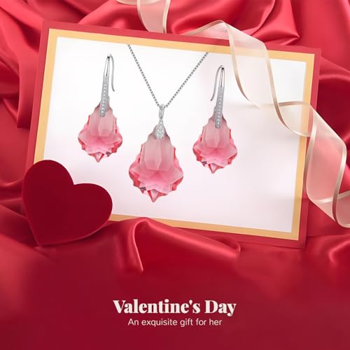 EleQueen 925 Sterling Silver CZ Baroque Drop Pendant Necklace Dangle Earrings Set Made with Austrian Crystal, Valentine's Day/Mother's Day/Christmas Jewelry Gift - color: Pink