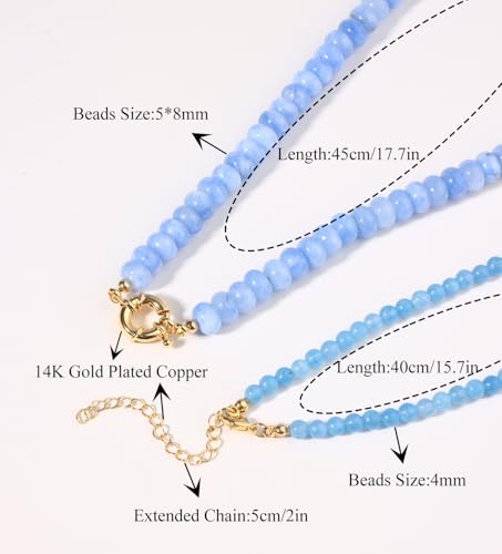 CASDAN 2Pcs Natural Gemstone Beaded Choker Necklaces for Women | Boho Colorful Beads Choker,Natural Stone Surfer Beach Necklaces,Handmade Summer Jewelry,Charm Trendy Necklaces - color: Light blue
