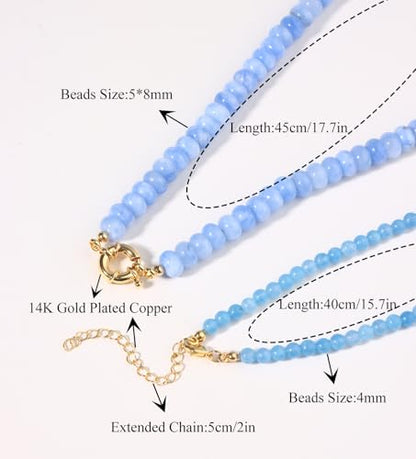 CASDAN 2Pcs Natural Gemstone Beaded Choker Necklaces for Women | Boho Colorful Beads Choker,Natural Stone Surfer Beach Necklaces,Handmade Summer Jewelry,Charm Trendy Necklaces - color: Light blue