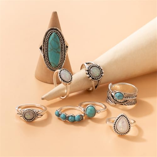 Bohemian Turquoise Ring Set for Women,Vintage Western Rings Chunky Turquoise Opal Stackable Knuckle Ring Set Punk Midi Finger Ring Pack Boho - style: Ring set-A