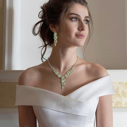 EleQueen Statement Sparkle Crystal Necklace Bracelet Dangle Earrings Set for Women, Art Deco Prom Chandelier Jewelry for Wedding Bridal - color: Green-Silver-Plated-Base