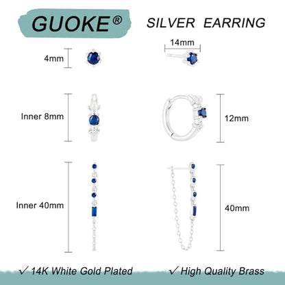 3 Pairs Earring Stacks, Gold Earring Set Jewelry Gift for Women | Small, 14K Gold/White Gold/Black/Rose Gold Plated, Hypoallergenic, Her, Everday, Stackable, Simple, 3 Holes - color: Silver-Blue Chain