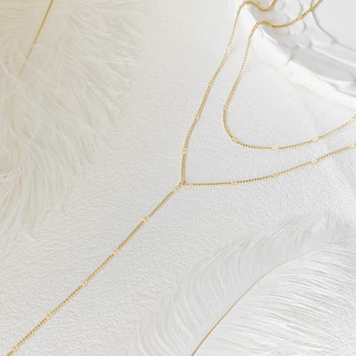 Zeffy Lariat Gold Necklace for Women, Dainty Long Necklace 14k Gold/Silver Plated Layered CZ Beaded Bar Chain Y-Shaped Body Chain Stack Drop Wedding Necklace Trendy Simple Gold Jewelry Gifts - color: Gold Bar Y Necklace(1PCS）