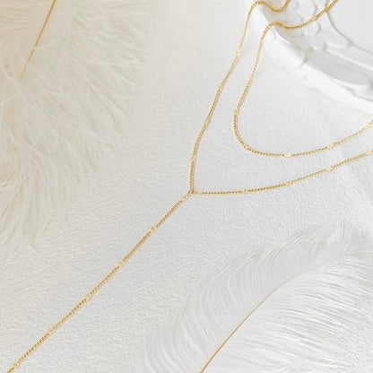 Zeffy Lariat Gold Necklace for Women, Dainty Long Necklace 14k Gold/Silver Plated Layered CZ Beaded Bar Chain Y-Shaped Body Chain Stack Drop Wedding Necklace Trendy Simple Gold Jewelry Gifts - color: Gold Bar Y Necklace(1PCS）