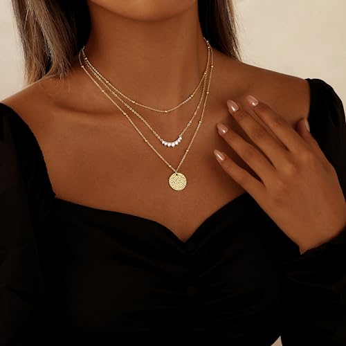 Layered Necklaces for Women 14K Gold Plated Stack Circle Pendant Trendy Long Chain Stackable Handmade Coin Necklace Set Dainty Gold Stacked Jewelry Gifts - color: Gold-1