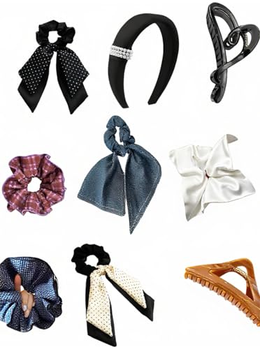 set of package, 9pcs hair accessories,hair tools (hair claw clips,headband with pearls, scrunchies) for girls,women,friends,lovers, gift