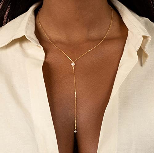 Dainty Gold Necklace for Women, Cute Long Necklace 14K Gold Plated CZ Lips Bead Y Shaped Lariat Necklace Simple Gold Choker Necklace Aesthetic Drop Necklace Trendy Gold Jewelry for Women - color: Gold-Long Pearl Necklace
