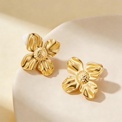 Chunky Flower Clip on Earrings for Women 14K Gold Plated No Piercing Floral Stud Earring Lightweight Jewelry Gifts - color: Flower-A-gold