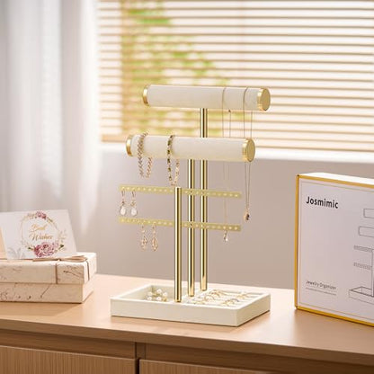 Bracelet Holder Jewelry Organizer Display - 3 Tier T Bar Velvet Stand, Beige Jewelry Storage for Bracelet, Necklaces, Earrings, Rings, Watches - color: Beige