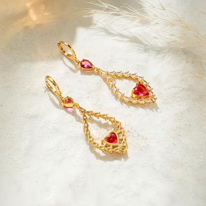 18K Gold Plated Flower Dangle Earrings for Women, Hypoallergenic Cubic Zirconia Earrings, Elegant CZ Drop Earrings, Statement Jewelry Gifts Party Fashion - style: OBS7508-Red