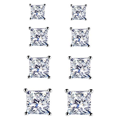 925 Sterling Silver Stud Earrings, 4 Pairs Square Cubic Zirconia Stud Earrings Set for Women Men 3 4 5 6mm - color: C-Silver 4/5/6/7mm
