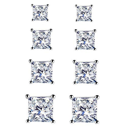 925 Sterling Silver Stud Earrings, 4 Pairs Square Cubic Zirconia Stud Earrings Set for Women Men 3 4 5 6mm - color: D-Silver 2/3/4/5mm
