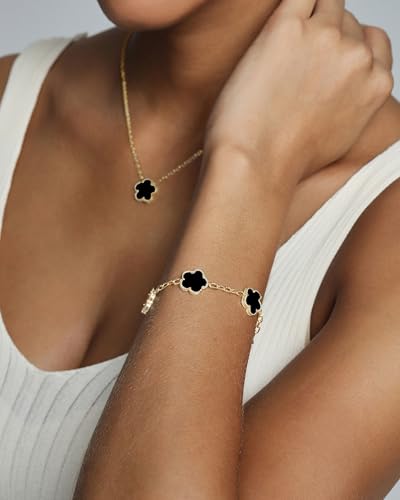 PAVOI 14K Gold Plated Clover Bracelets for Women - Flower Four Leaf Clover Bracelet - Mother of Pearl & Onyx Gemstone Lucky Flower Design - Adjustable Trendy Jewelry Gifts - style: Black Onyx Clover