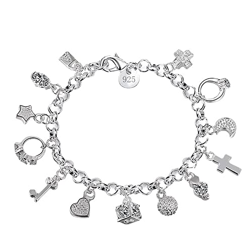 kelistom 925 Sterling Silver Bracelets for Women Teens, Love Heart Charm Chain Bracelet Bangle Fashion Jewelry Gifts - color: multi-charms