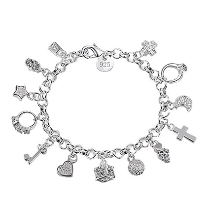 kelistom 925 Sterling Silver Bracelets for Women Teens, Love Heart Charm Chain Bracelet Bangle Fashion Jewelry Gifts - color: multi-charms