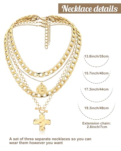 MJartoria Layered Necklaces for Women Trendy Retro Coin and Cross Pendant Necklace Dainty Chunky Chain Necklaces for Jewelry Birthday Gifts - color: Gold