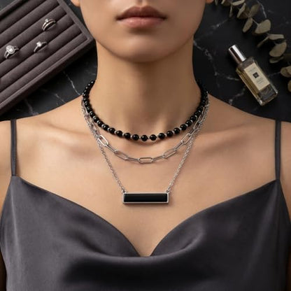 Layered Stone Necklace, Triple Strand Beaded Choker with Paperclip Chain, Boho Western Fashion Jewelry - color: Black