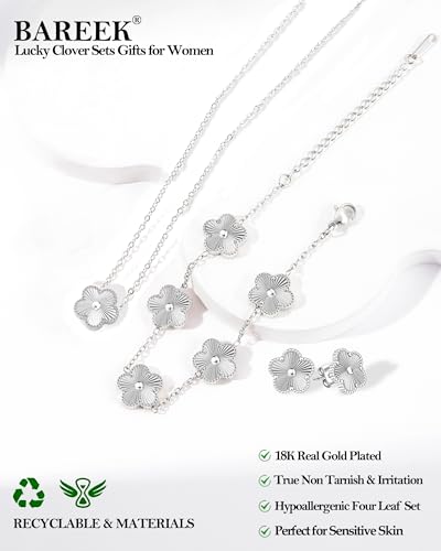 Clover Jewelry Set 3 PC - 18K Gold Plated Stainless Steel Y Necklace Four Leaf Pendant, Clover Link Bracelet Charm, Flower Earrings, Hypoallergenic Non-Tarnish,Simple Luxury Lucky Gifts for Women - color: Silver