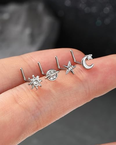 20g L Shaped Nose Rings Studs 4Pcs 316L Surgical Steel Nose Piercing Jewelry Gold Piercing for Women Men - color: steel