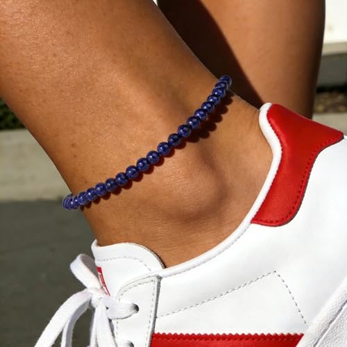 Natural Stone Beaded Anklets for Women, Handmade Boho Clear Quartz 4mm Crystal Beads Anklet, Gold Chain Adjustable Ankles Bracelet, Beach Summer Jewelry Gemstone Foot Bracelet Gift - color: Lapis Lazuli
