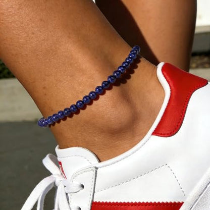Natural Stone Beaded Anklets for Women, Handmade Boho Clear Quartz 4mm Crystal Beads Anklet, Gold Chain Adjustable Ankles Bracelet, Beach Summer Jewelry Gemstone Foot Bracelet Gift - color: Lapis Lazuli