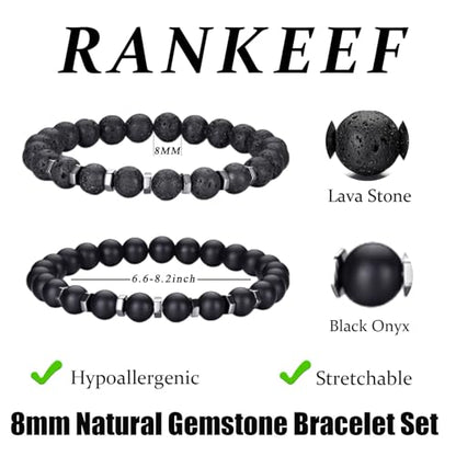 Mens Beaded Bracelets Set 8MM Tiger Eye Lava Stone Stretch Natural Stone Men's Bead Bracelet Mens Bracelet - color: 2,black bracelet
