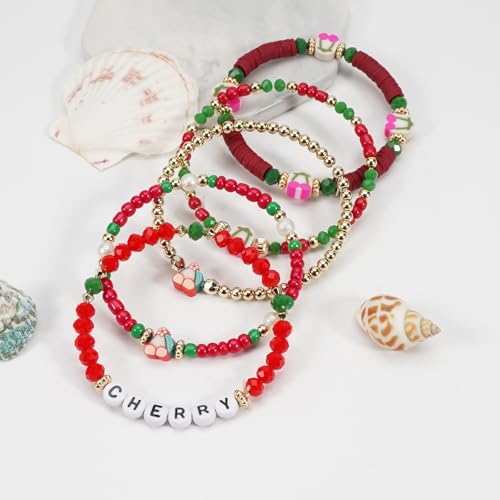 Twinfree Bohemian Cute Fruit Banana Cherry Strawberry Pineapple Mango Polymer Clay Beaded Stackable Stretch Bracelets - color: color 21