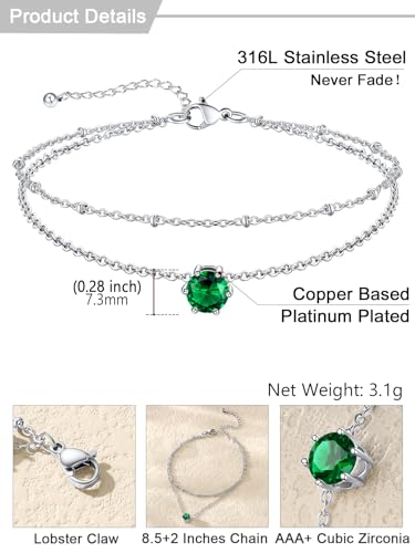 U7 Silver Ankle Bracelet for Women, Waterproof Layered Ankle Round Gem Birthstone Anklets, Summer Beach Foot Jewelry, Adjustable 8.5"-10.5" - color: 05.May-Emerald Green