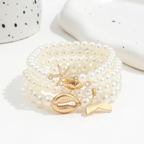 Pearl Bracelets for Women Simulated Pearl Beaded Bracelet White Pearls Stackable Stretch Bracelet Set Multilayered Elastic Pearls Bracelets for Women Bridesmaid Bridal Jewelry - color: gold starfish