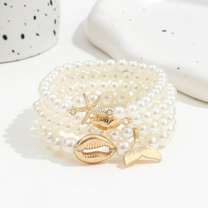 Pearl Bracelets for Women Simulated Pearl Beaded Bracelet White Pearls Stackable Stretch Bracelet Set Multilayered Elastic Pearls Bracelets for Women Bridesmaid Bridal Jewelry - color: gold starfish