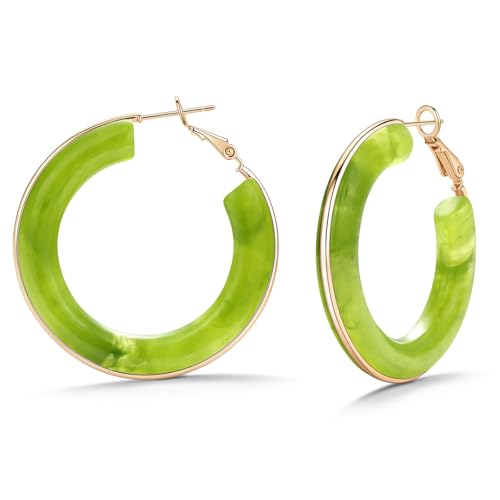 Chunky Gold Resin Hoop Earrings Leverback Statement Huggie Hoops Dangle Drop Dressy Earring Prom Festival Vacation Jewelry for Women - color: Green, size: Hoop