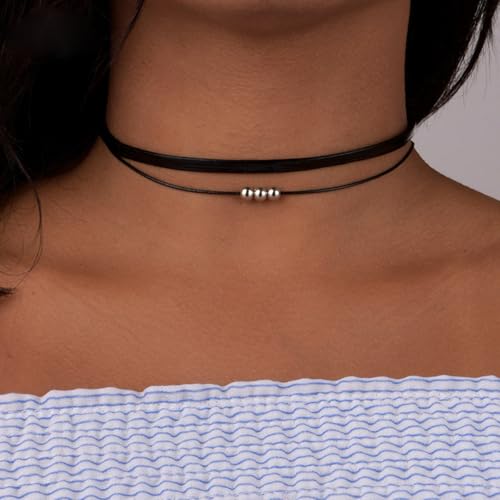 Fesciory Black Necklaces for Women, Adjustable Layered Velvet Leather Lace Collar Necklace, Goth Jewelry Gifts. - color: 3Beads