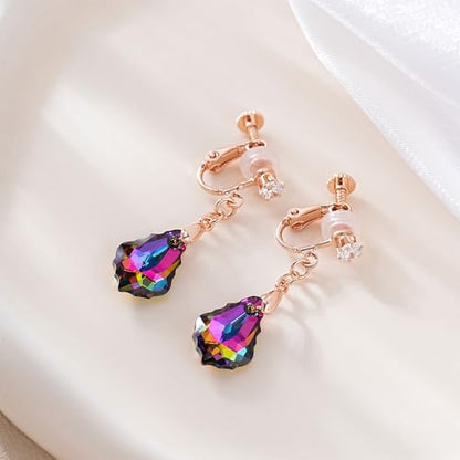 Austrian Crystal Baroque Drop Clip On Dangle Earrings for Women Non Pierced 14K Rose Gold Plated Hypoallergenic Jewelry - color: Vitrail Medium