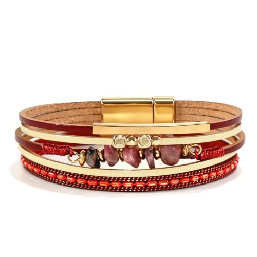 Wrapped Bracelets for Women,Leather Boho Bracelets for Women - color: Stone-Red