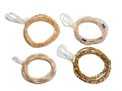 4 Pack Handmade Tie-On African Waist Beads for Women, Colorful Champagne Clear and Brown Glass Beads, 44 Inch, Non-Stretching, Layered Body Jewelry Set