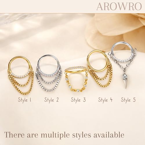 AROWRO Chain Septum Rings 316L Surgical Steel Septum Clicker Daith Piercing Jewelry Dangle Nose Rings for Women 16G 8/10mm Conch Cartilage Hoop Seamless Hinged Septum Jewelry with Clear CZ/Opal - color: Style-4-Rose gold double chains, size: 16G-8mm