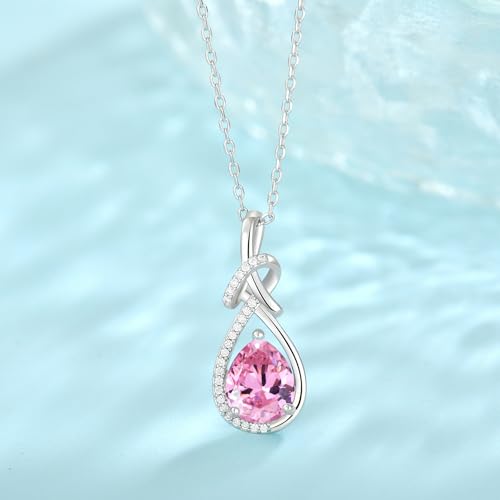Infinity Teardrop Necklace Silver Tone Pendant Birthstone Jewelry for Women - color: Pink